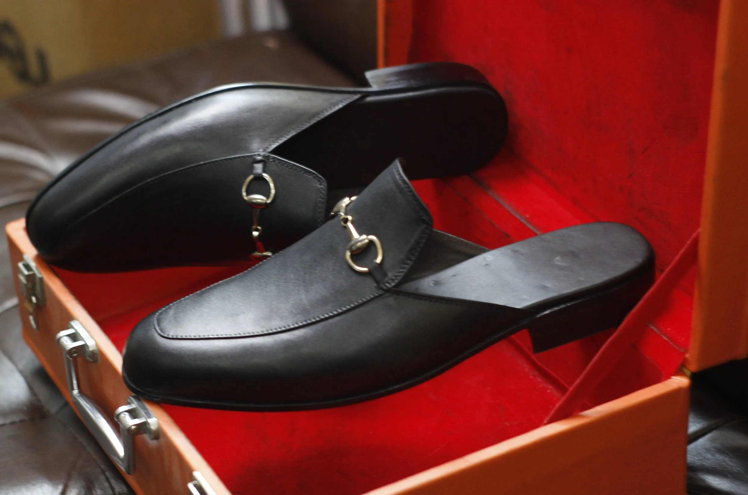 New Men's Handmade Formal Shoes Black Leather Slip On Stylish Mules