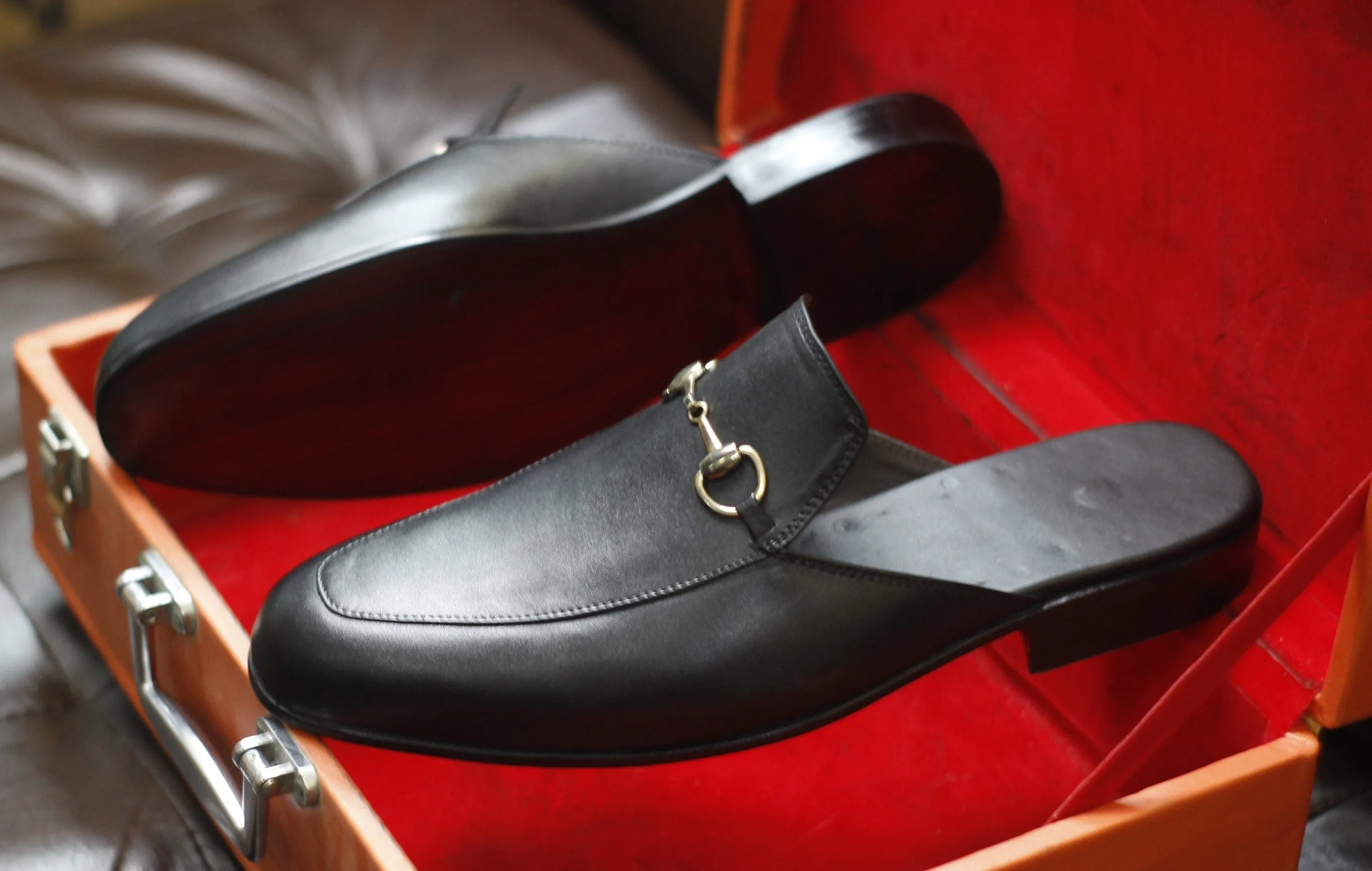 New Men's Handmade Formal Shoes Black Leather Slip On Stylish Mules