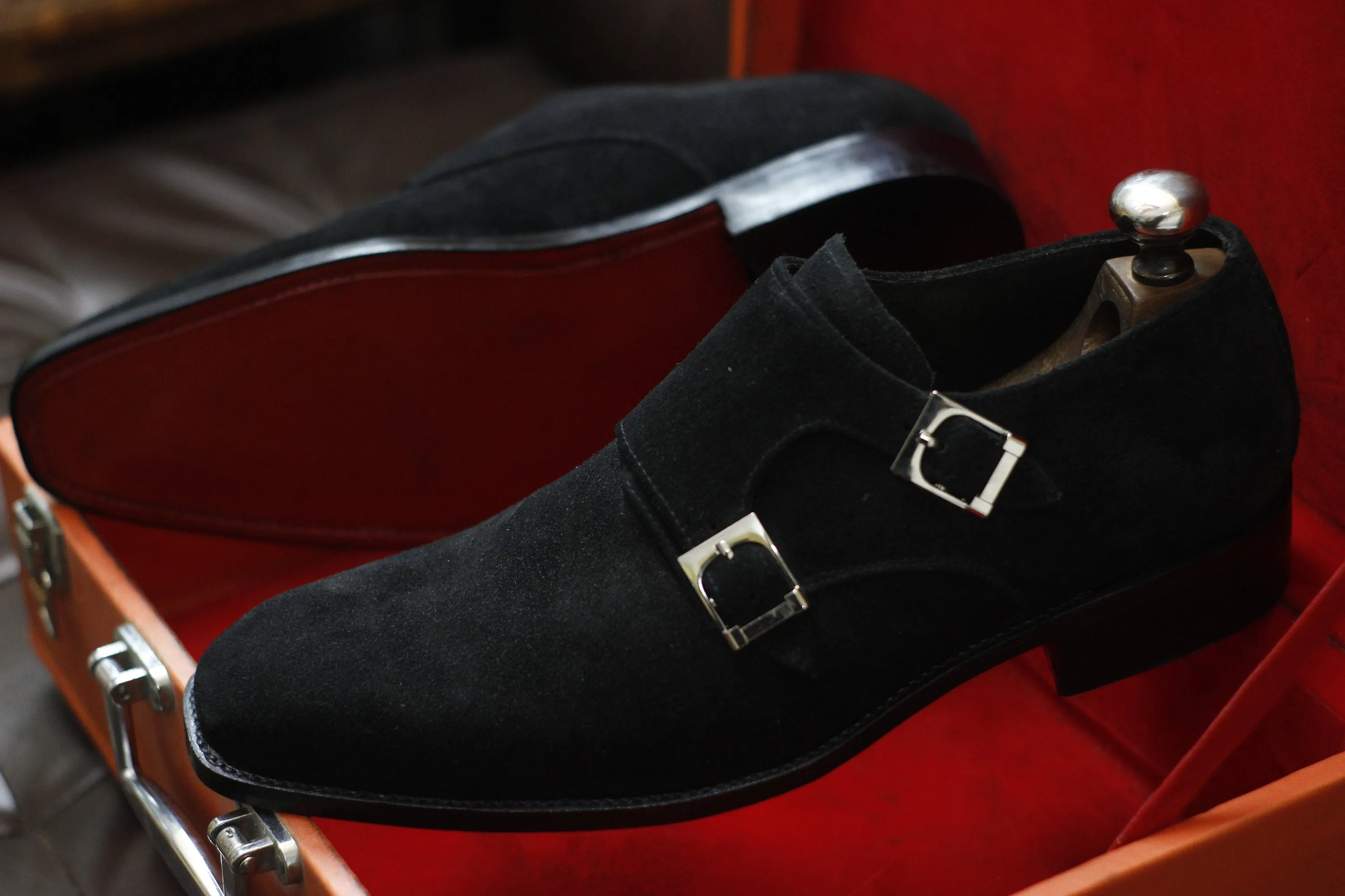 New Men's Handmade Formal Shoes Black Suede Leather Double Monk Stylish Buckle Strap Dress & Formal Wear Shoes