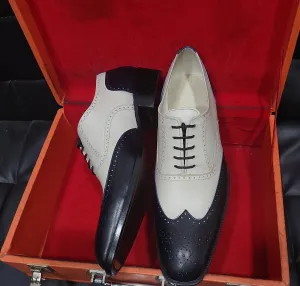 New Men's Handmade Formal Shoes Black/White  Leather Lace Up Stylish Wing Tip Dress & Formal Wear Shoes