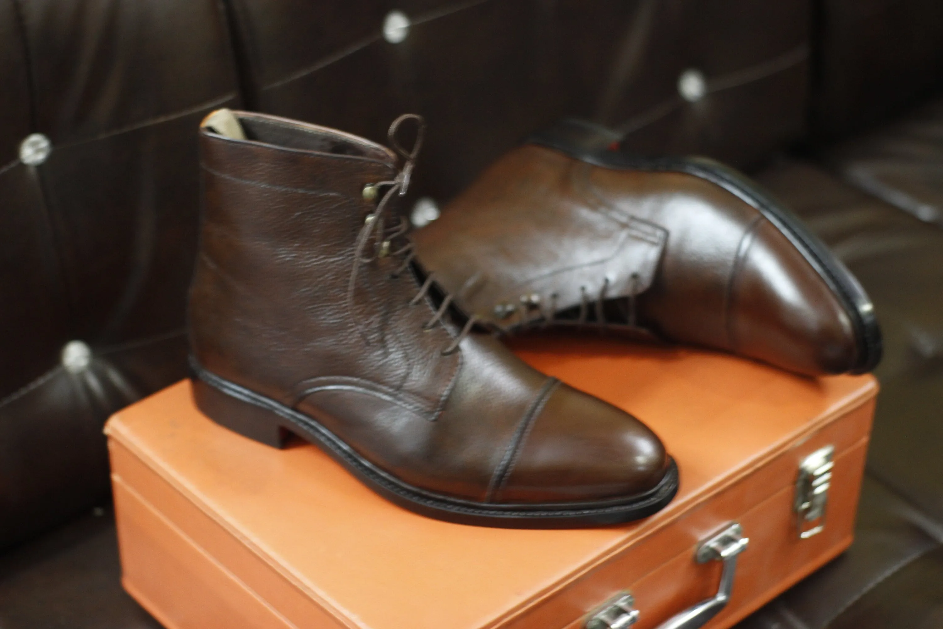 New Men's Handmade Formal Shoes Brown Leather Lace Up Stylish Ankle High Combat Style Cap Toe Formal Boots
