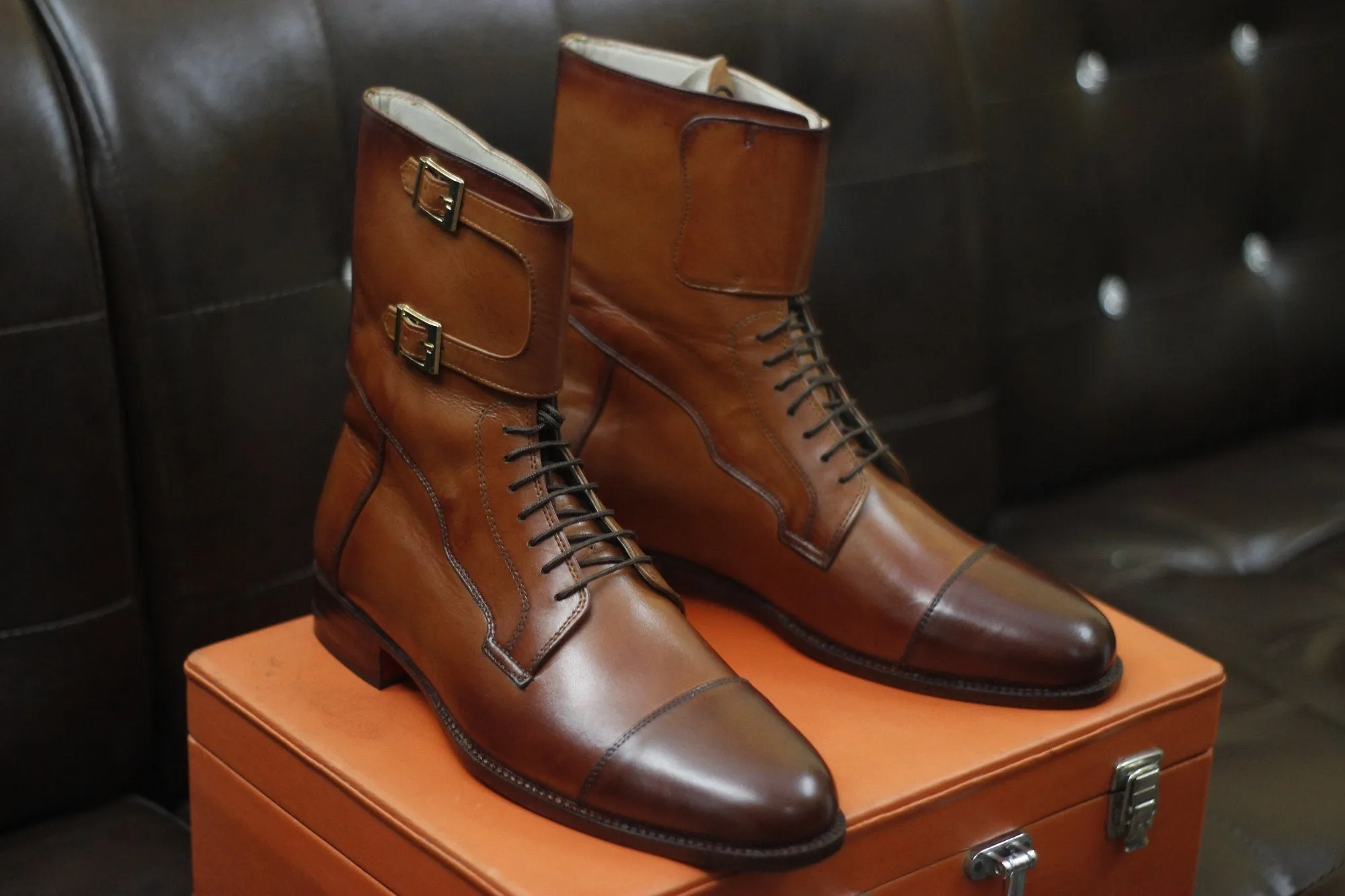 New Men's Handmade Formal Shoes Burgundy Leather Lace Up & Monk Straps Double Buckle Ankle High Cap Toe Boots
