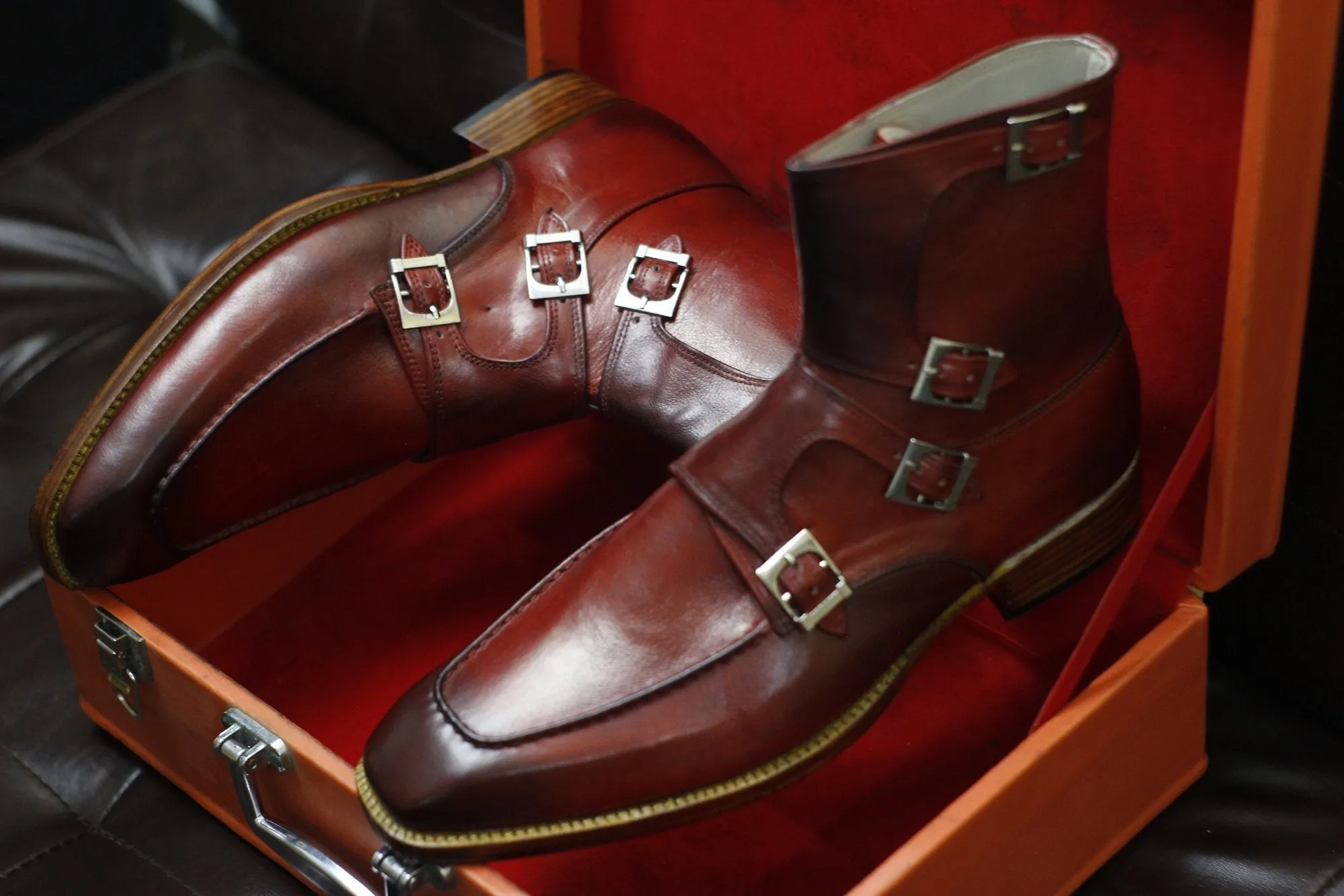 New Men's Handmade Formal Shoes Burgundy Leather Monk Straps Ankle High Buckle Boots