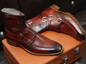 New Men's Handmade Formal Shoes Burgundy Leather Monk Straps Ankle High Buckle Boots