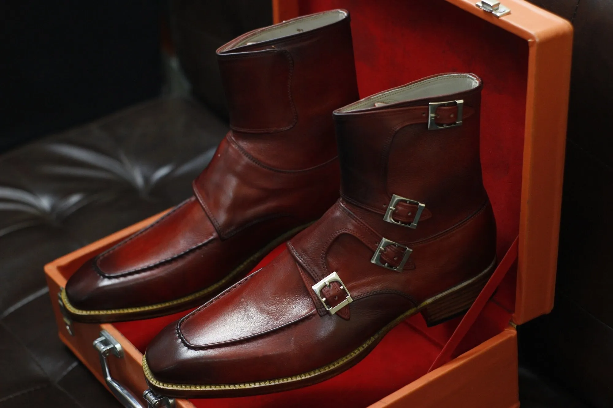 New Men's Handmade Formal Shoes Burgundy Leather Monk Straps Ankle High Buckle Boots