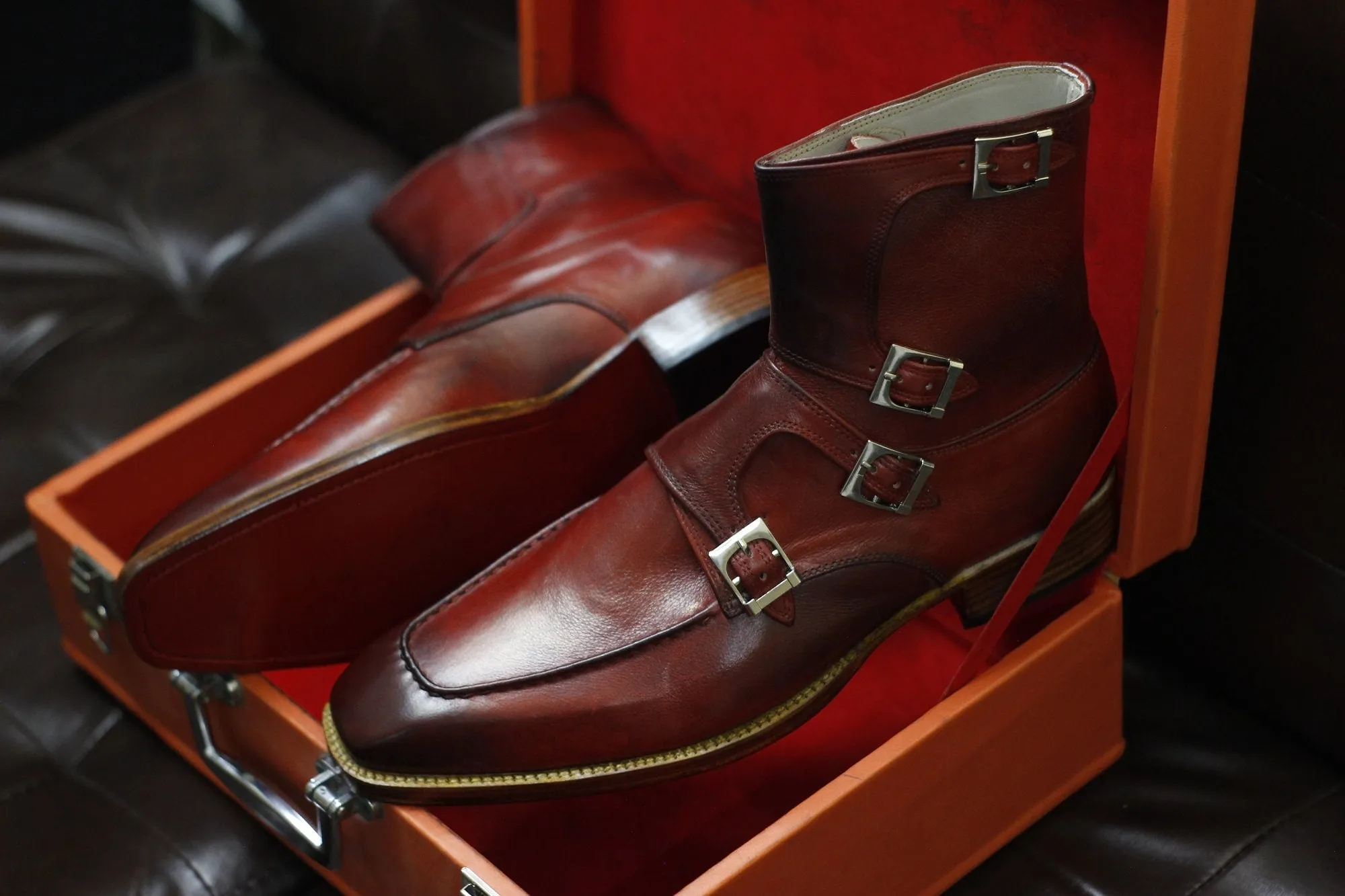 New Men's Handmade Formal Shoes Burgundy Leather Monk Straps Ankle High Buckle Boots