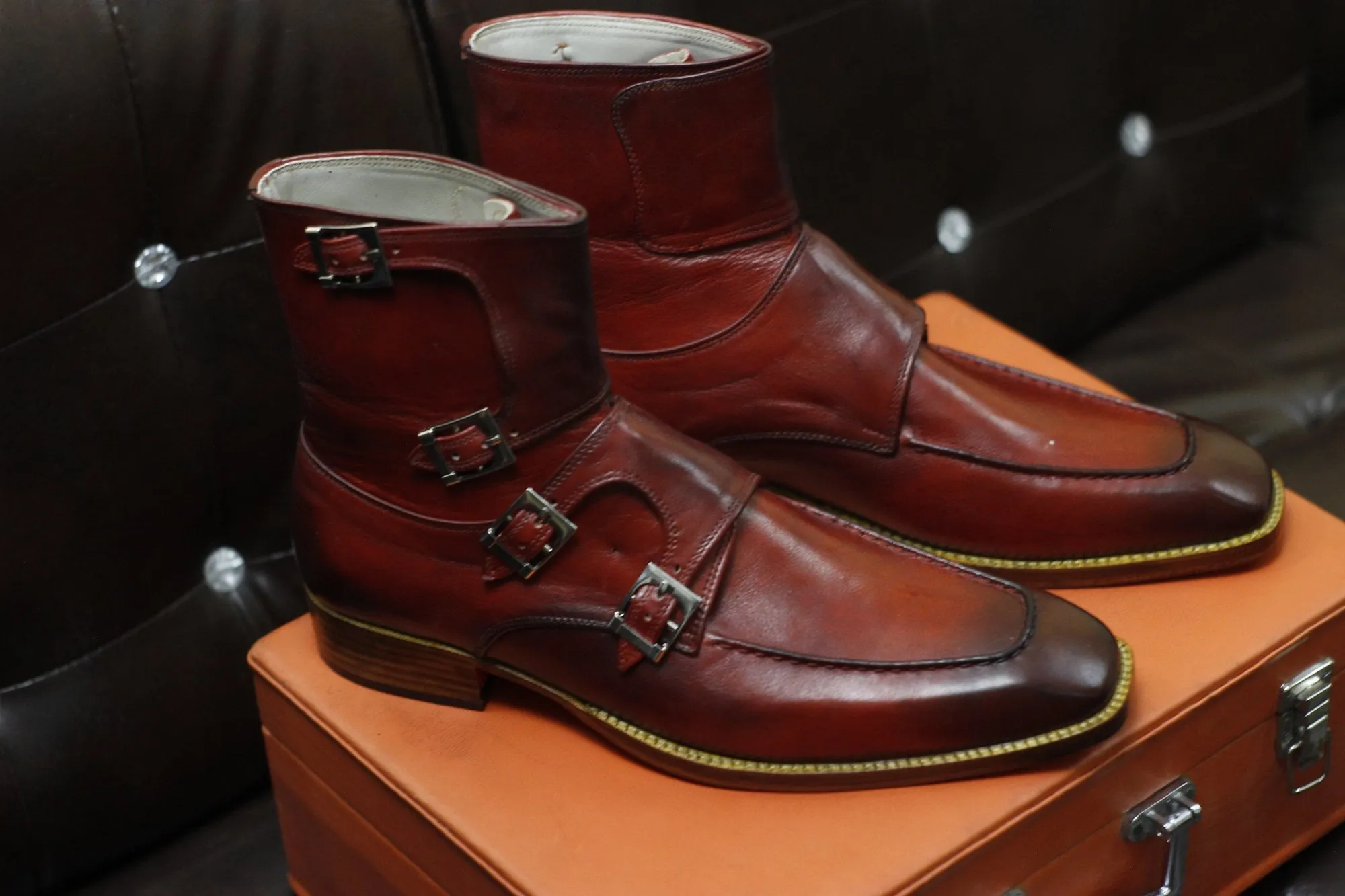 New Men's Handmade Formal Shoes Burgundy Leather Monk Straps Ankle High Buckle Boots