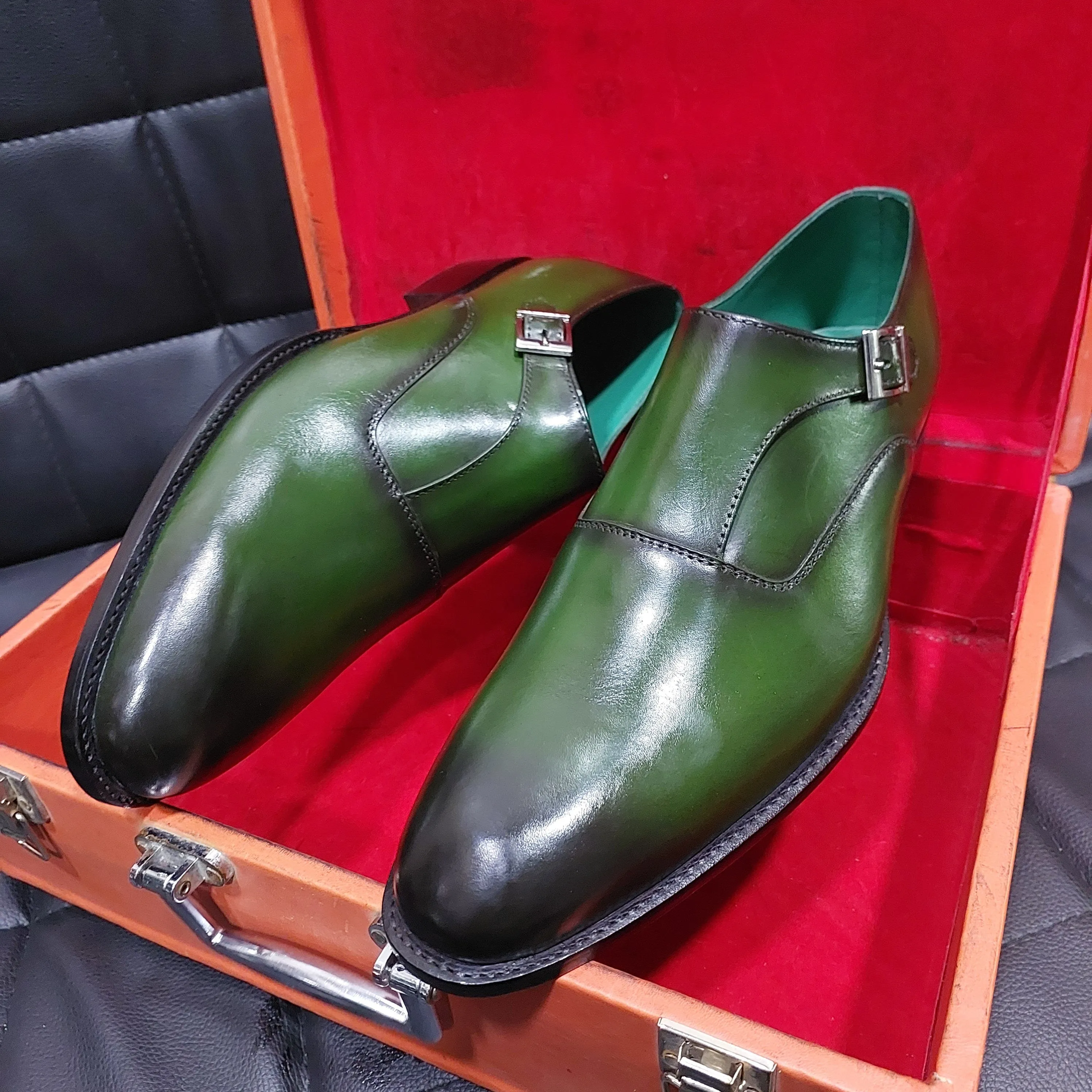 New Men's Handmade Formal Shoes Green Shaded Leather Single Monk Stylish Buckle Strap Dress & Formal Wear Shoes
