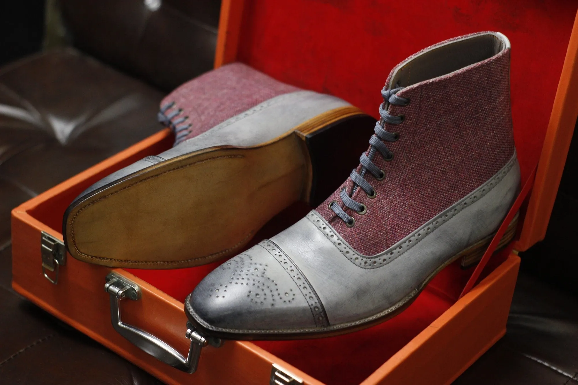 New Men's Handmade Formal Shoes Grey Leather And Maroon Tweed Lace Up Ankle High Cap Toe Style Dress & Formal Boots