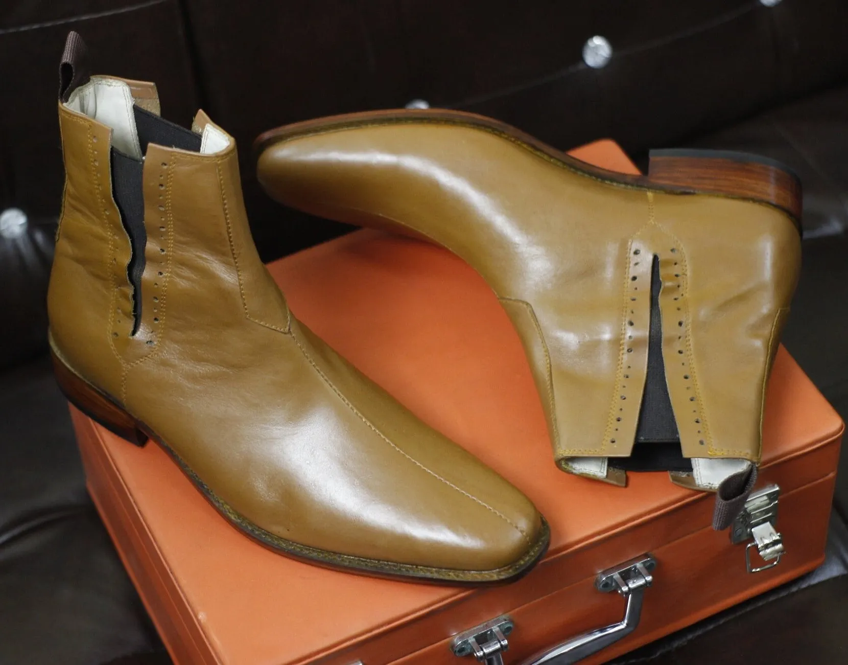 New Men's Handmade Formal Shoes Tan Brown Leather Pull On Ankle High Chelsea Style Boots