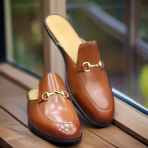 New Men's Handmade Formal Shoes Tan Brown Leather Slip On Stylish Mules For Men