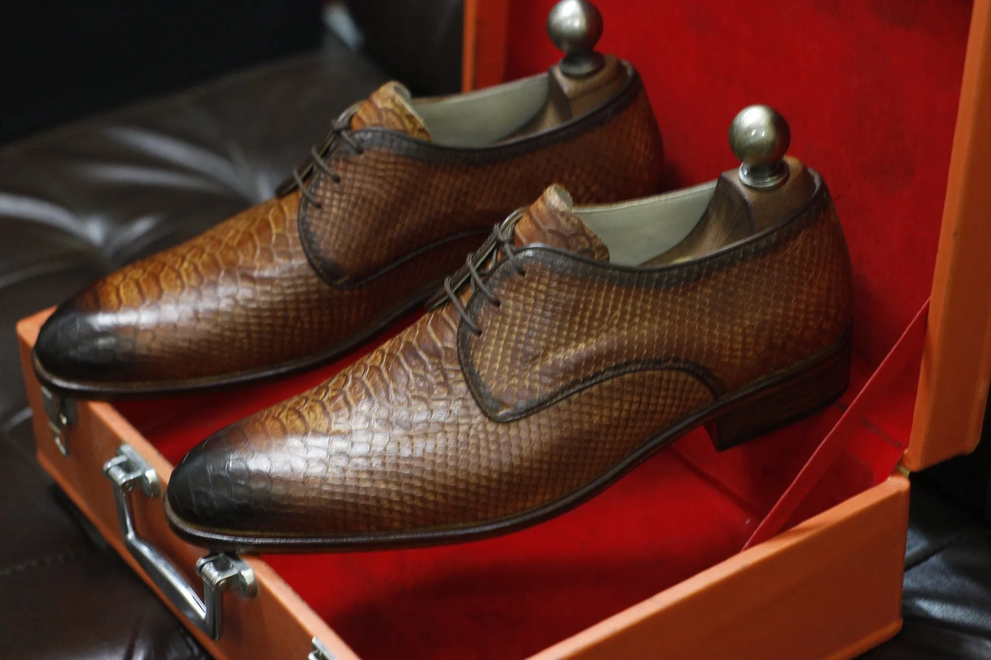 New Men's Handmade Formal Shoes Tan Brown Snake Textured Leather Stylish Lace Up Dress & Formal Wear Shoes