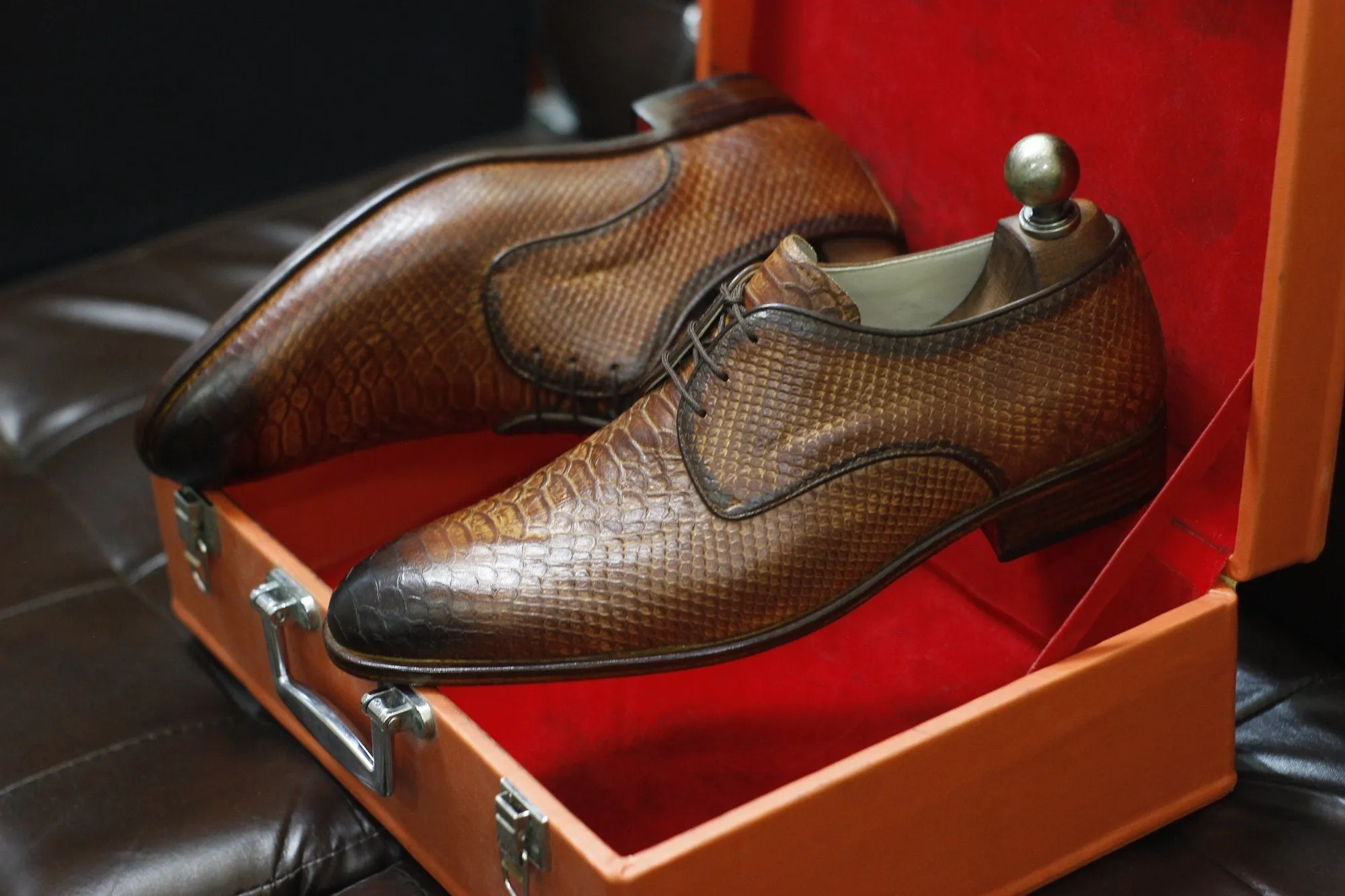 New Men's Handmade Formal Shoes Tan Brown Snake Textured Leather Stylish Lace Up Dress & Formal Wear Shoes