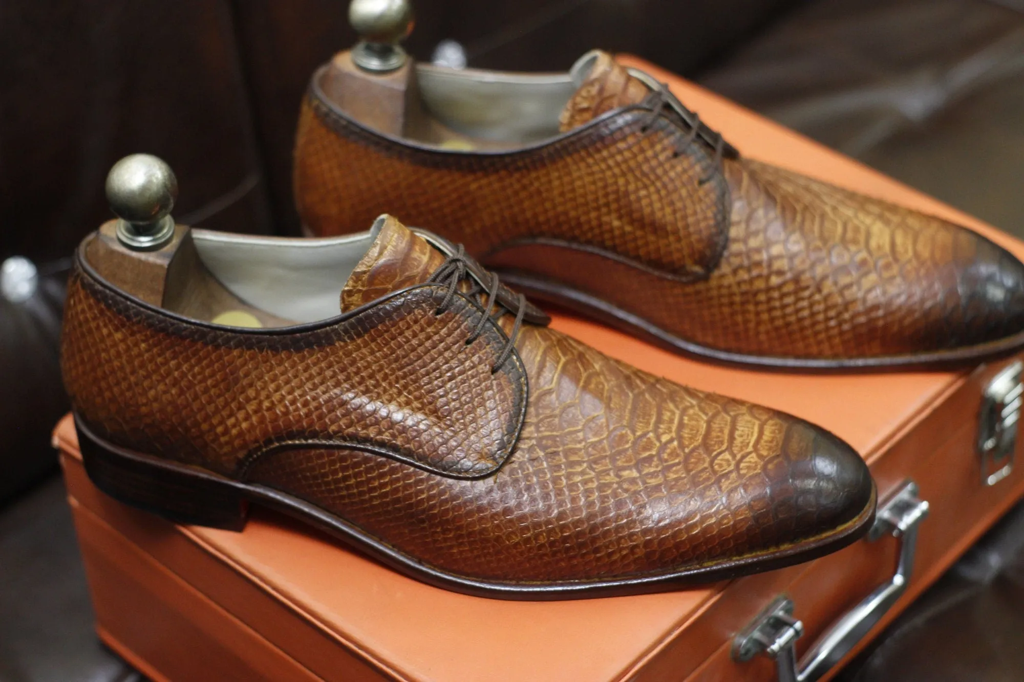 New Men's Handmade Formal Shoes Tan Brown Snake Textured Leather Stylish Lace Up Dress & Formal Wear Shoes
