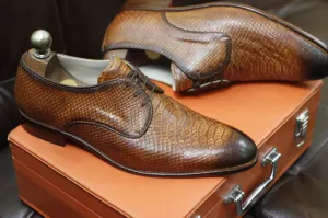 New Men's Handmade Formal Shoes Tan Brown Snake Textured Leather Stylish Lace Up Dress & Formal Wear Shoes