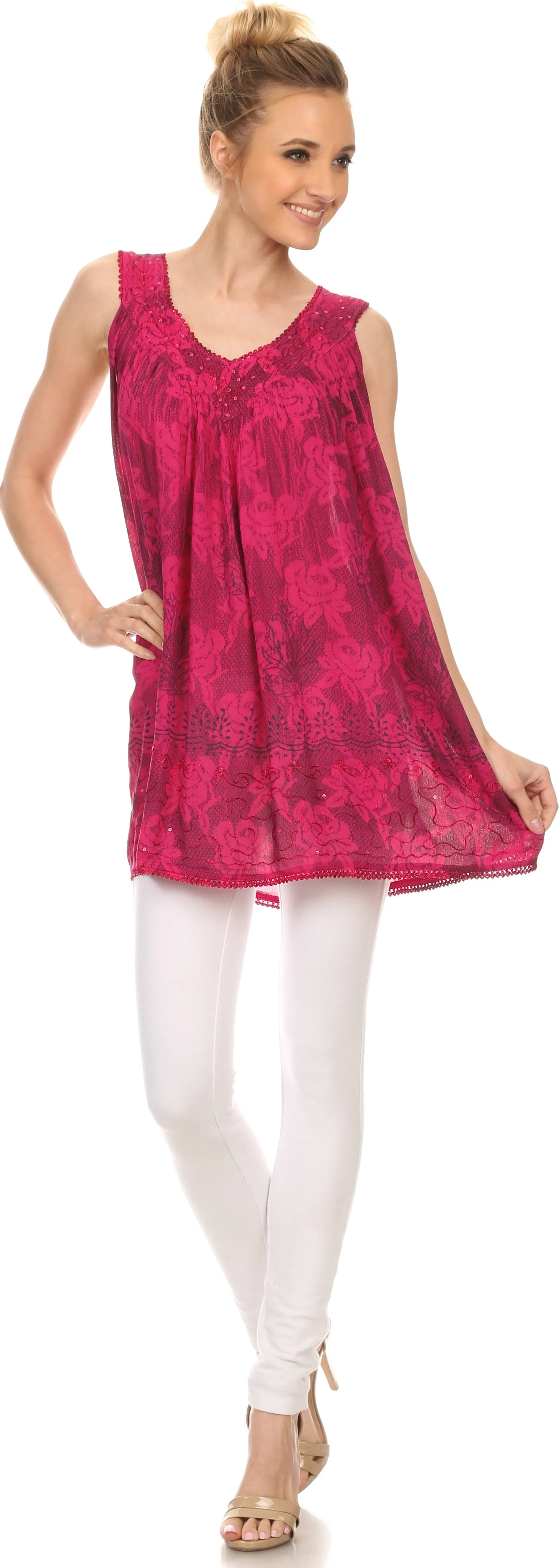 Sakkas Nadiyah Long Scoop Neck Embroidered Tank Top Sleeveless Blouse Shirt Top