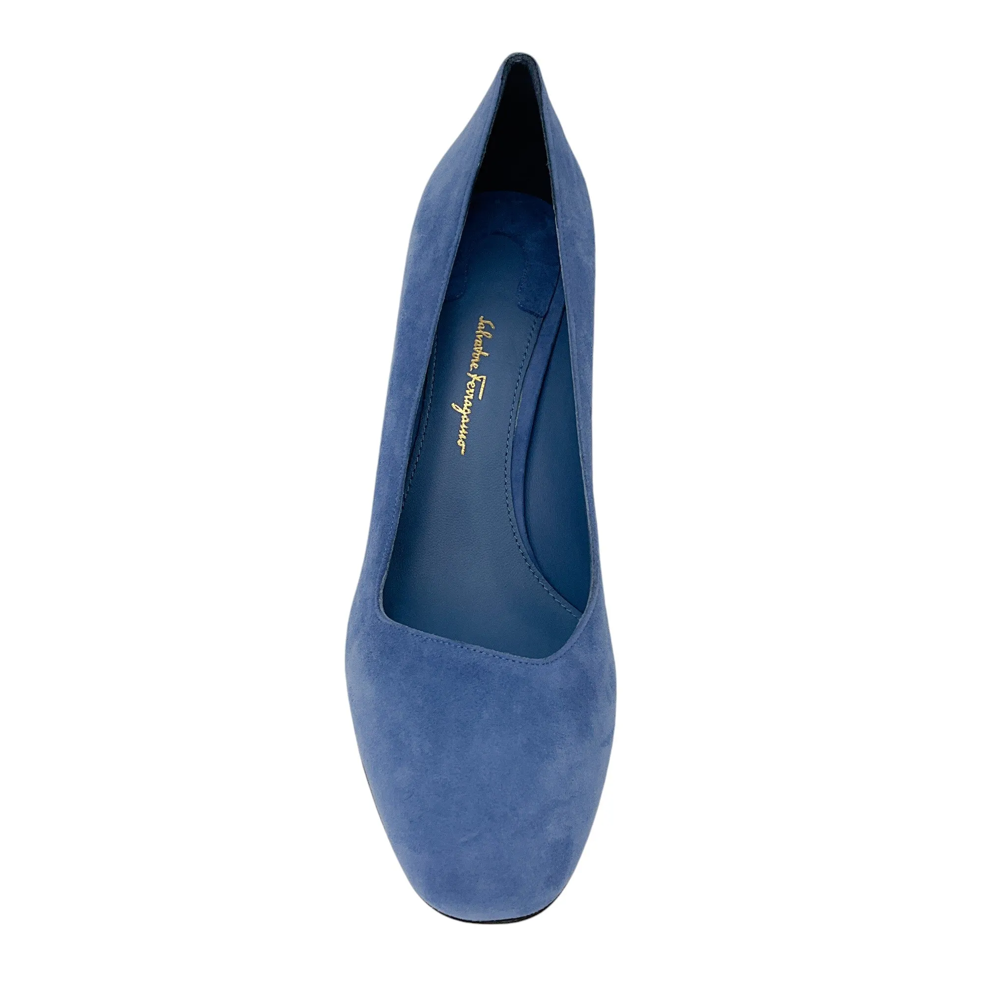 Salvatore Ferragamo Blue Round Toe Suede Pumps
