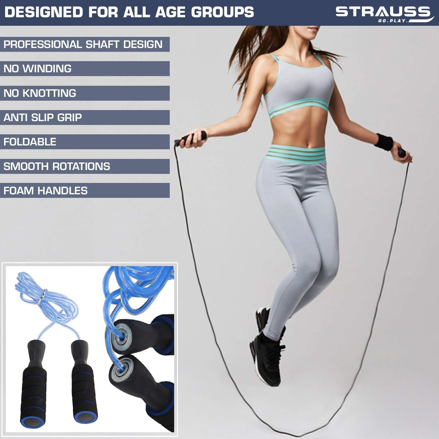 Strauss ST Cotton Gym Support, Pair (Black), Foam Jump Rope (Blue/Black)