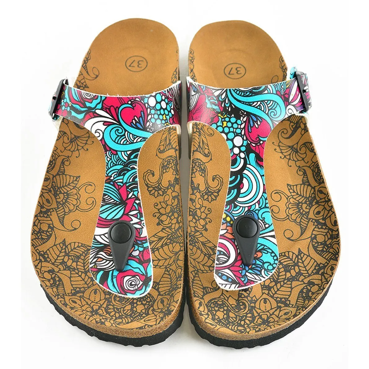 Turquoise & Pink Abstract T-Strap Sandal CAL511