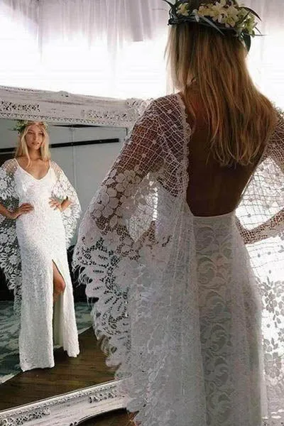 Unique Ivory Sheath Boho Bohemian Lace Rustic Wedding Dresses | Bridal Gown, SW270