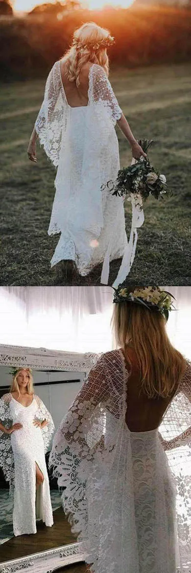 Unique Ivory Sheath Boho Bohemian Lace Rustic Wedding Dresses | Bridal Gown, SW270