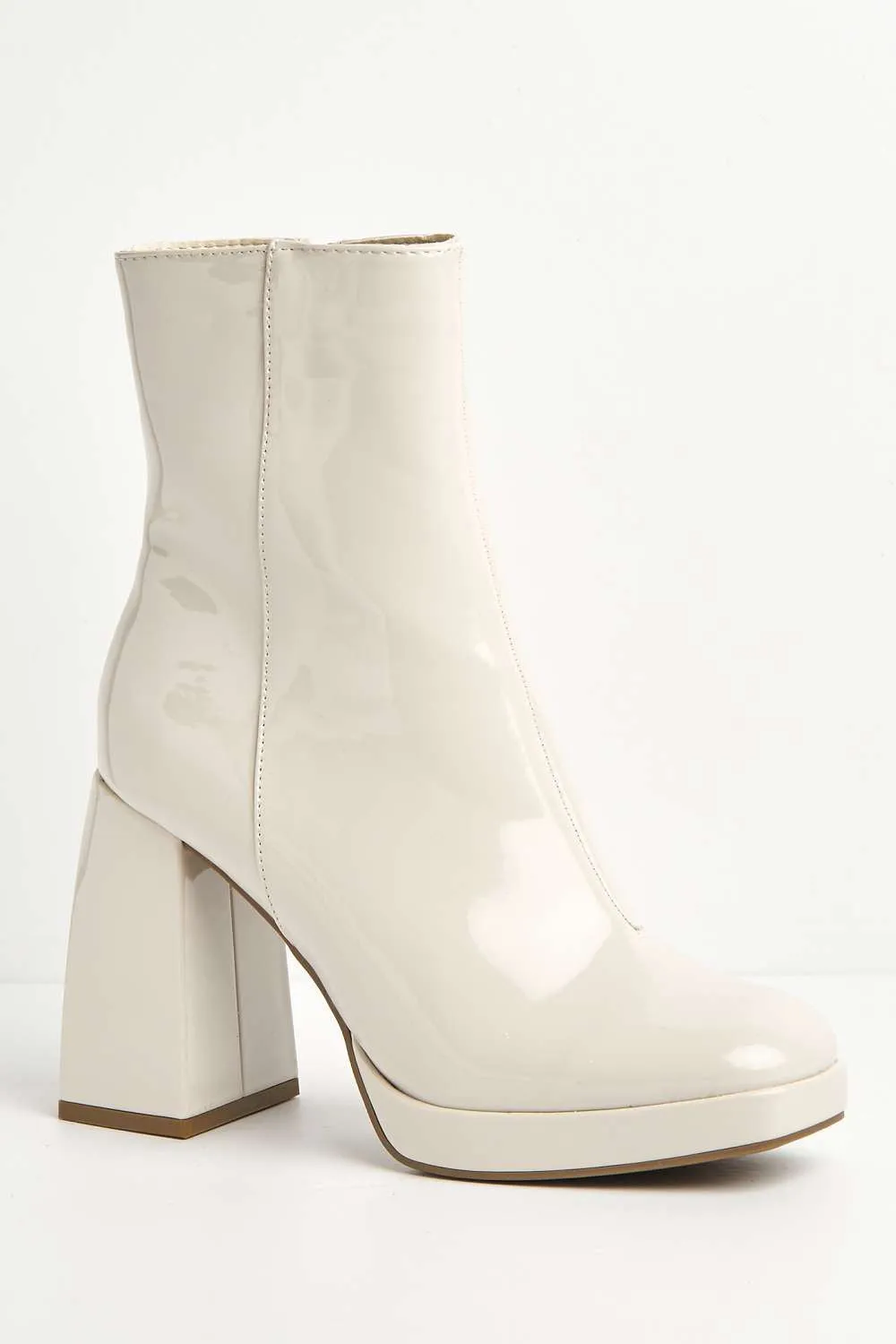 Vivika Side Zip Bock Heel Ankle Boots in Off-White