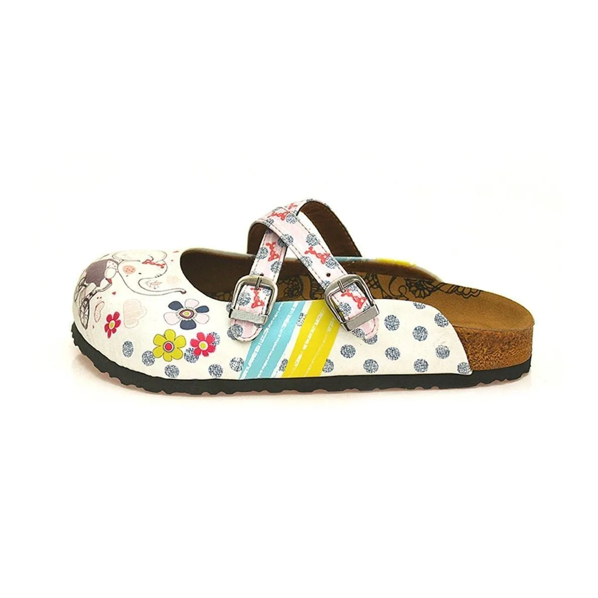 White Elephant & Floral Cross-Strap Clogs WCAL131
