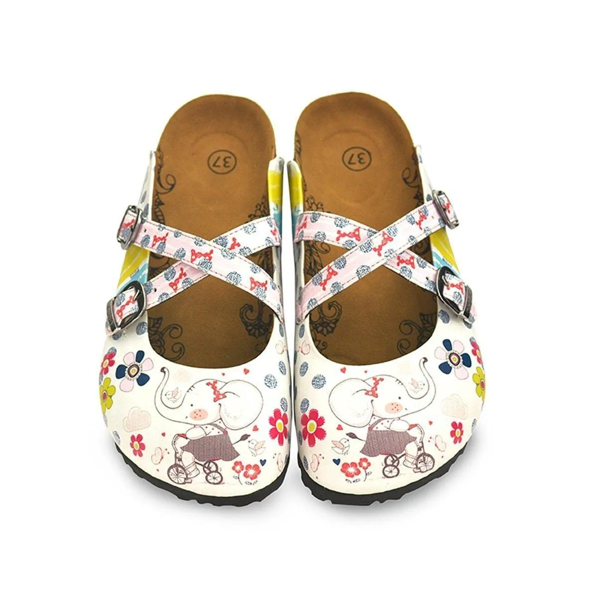 White Elephant & Floral Cross-Strap Clogs WCAL131