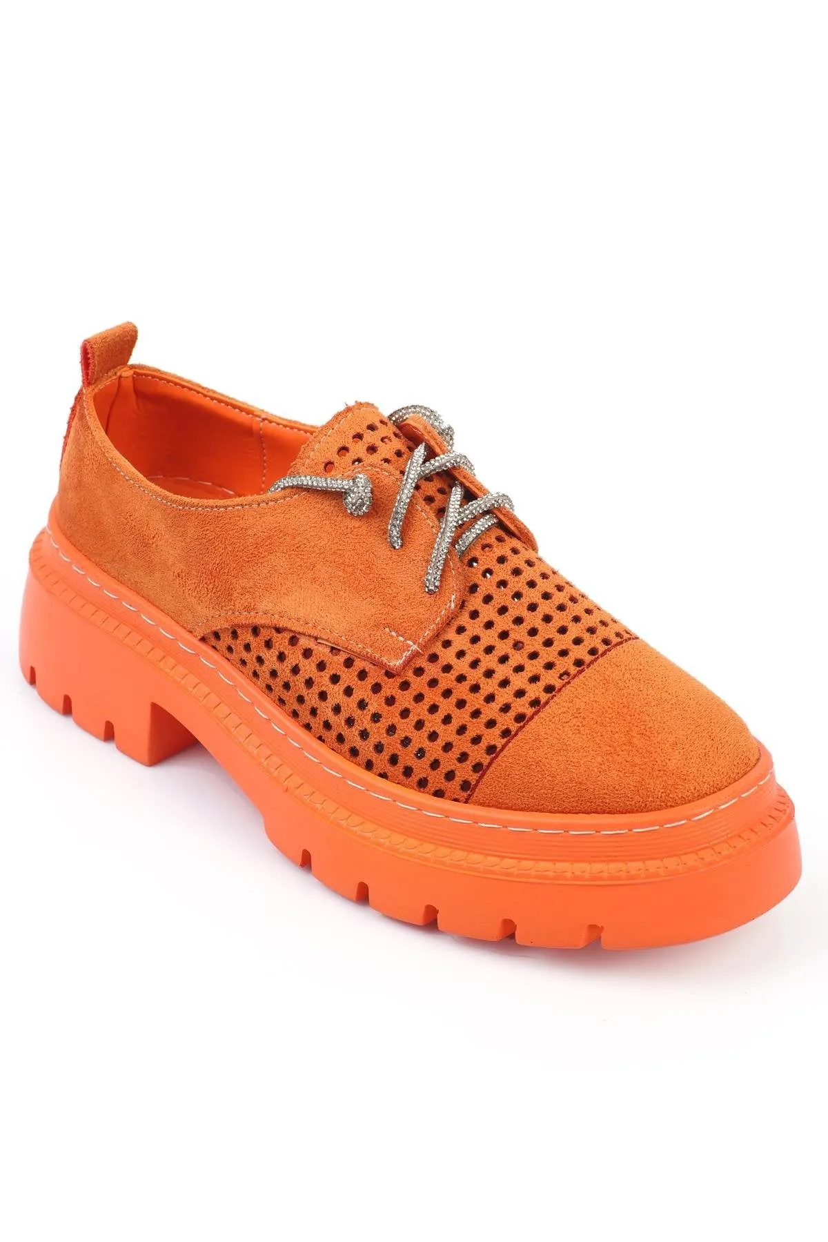 Women's Ballerina Stone Lace-up Shoes Orange Leather