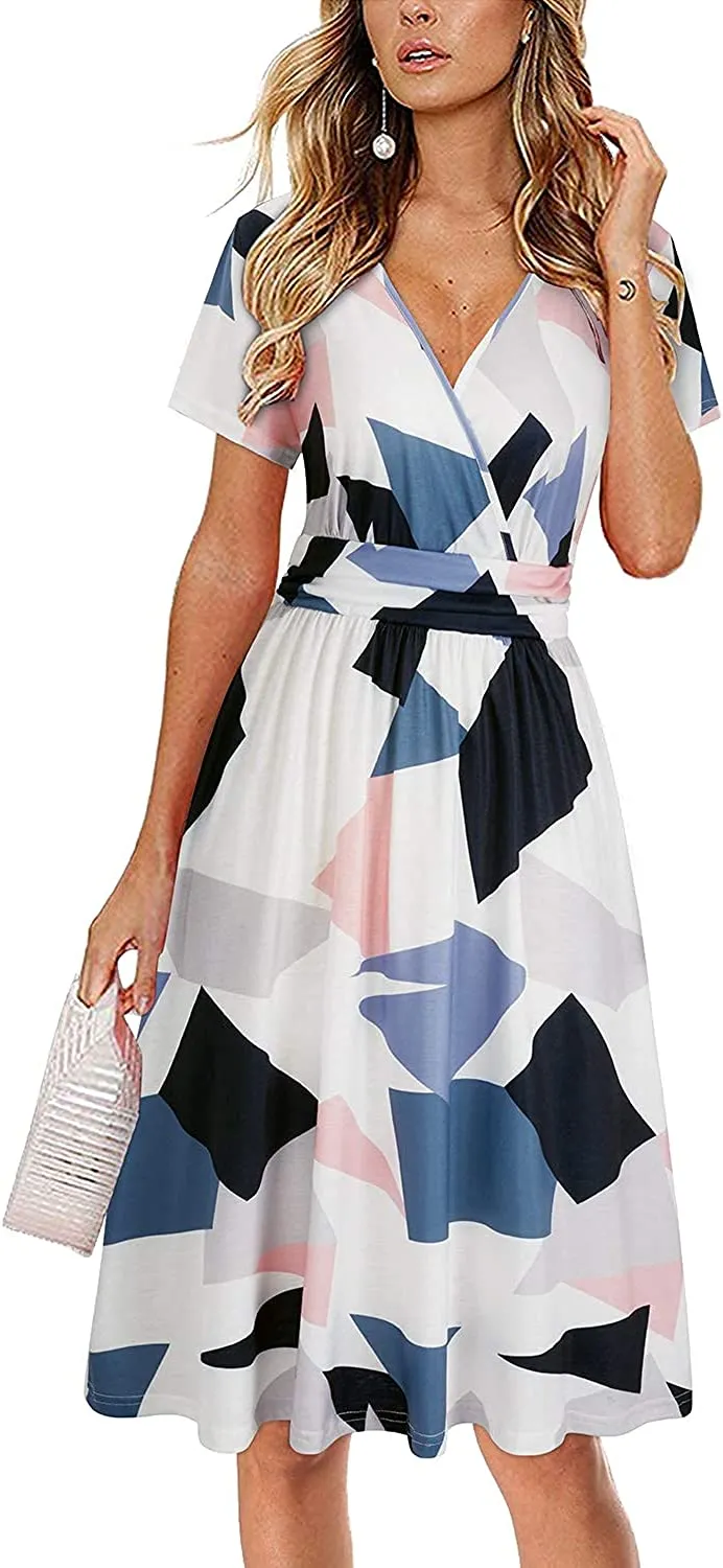 Womens Summer Dress Short Sleeve V Neck Casual Floral Wrap Dress with Pockets