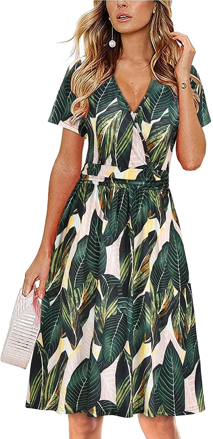 Womens Summer Dress Short Sleeve V Neck Casual Floral Wrap Dress with Pockets