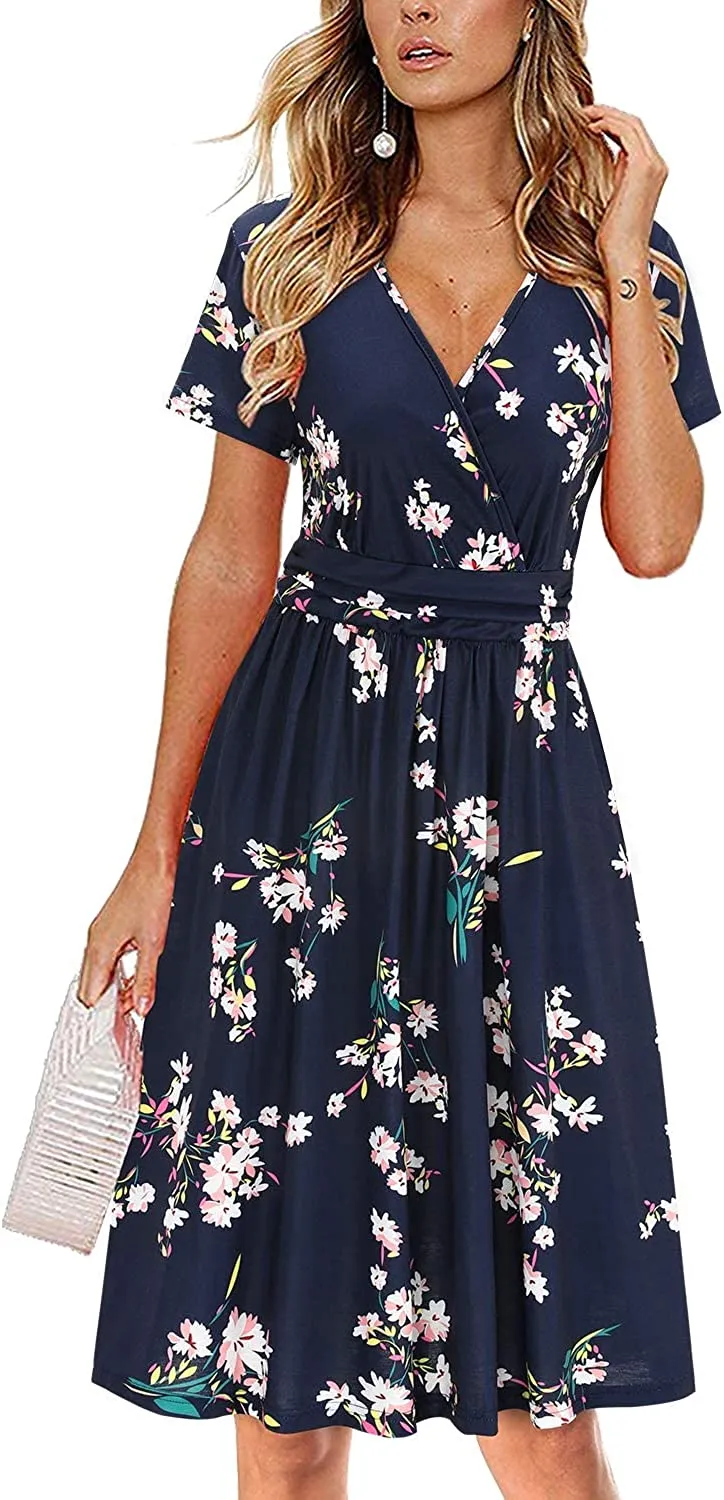 Womens Summer Dress Short Sleeve V Neck Casual Floral Wrap Dress with Pockets
