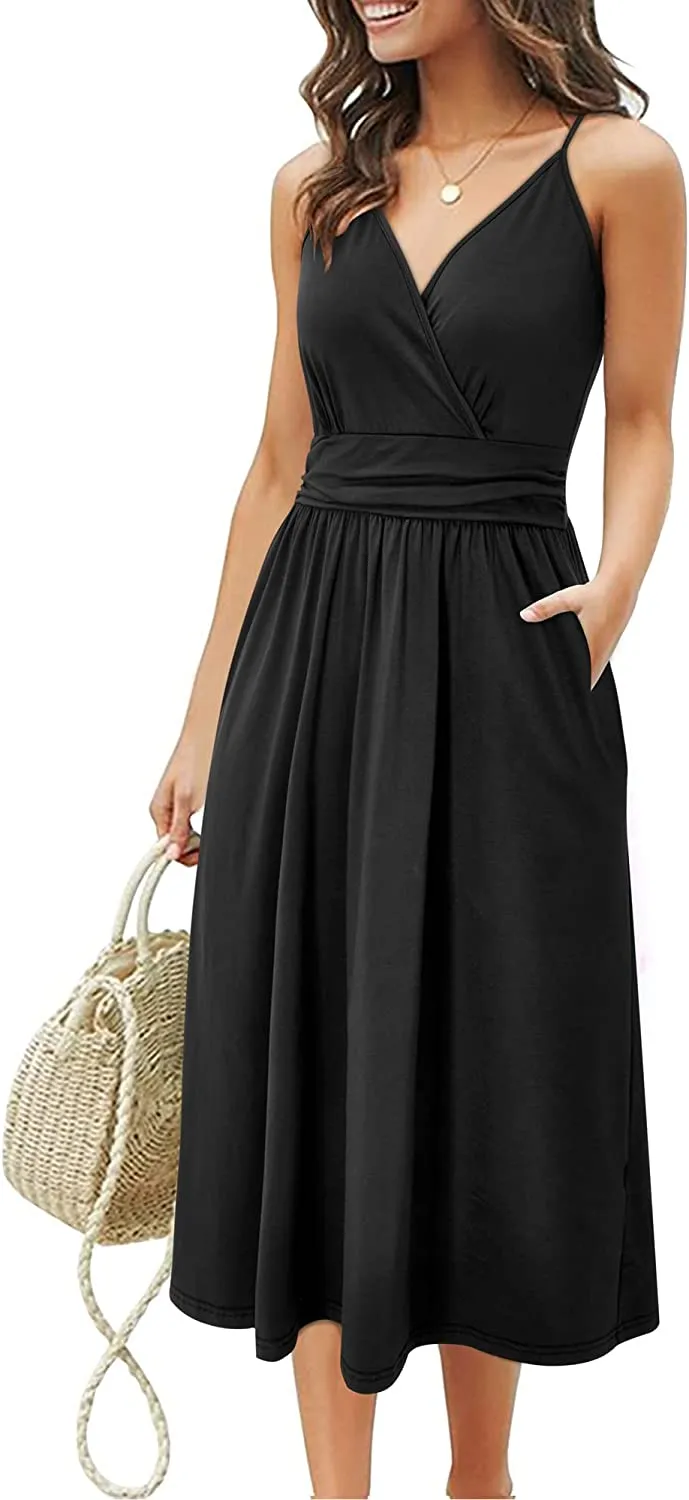 Womens Summer Dress Short Sleeve V Neck Casual Floral Wrap Dress with Pockets