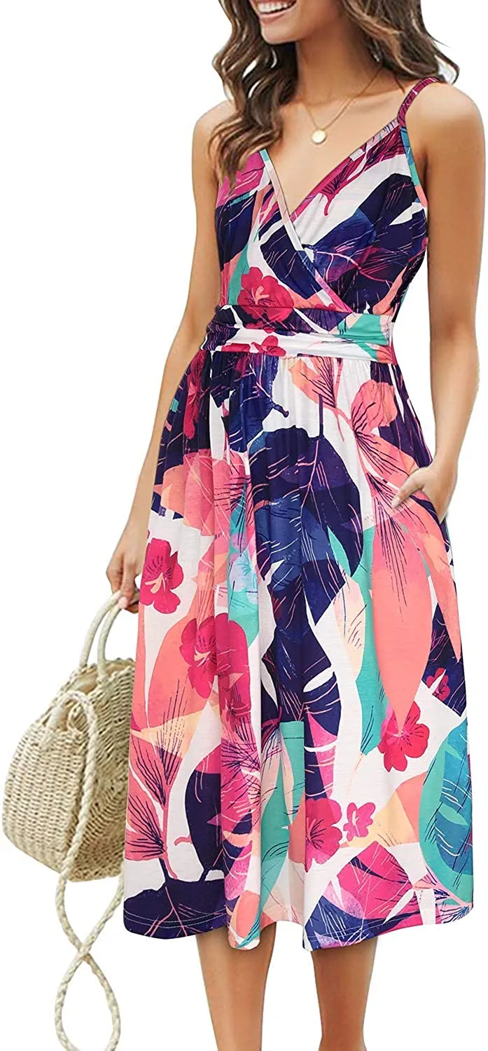 Womens Summer Dress Short Sleeve V Neck Casual Floral Wrap Dress with Pockets