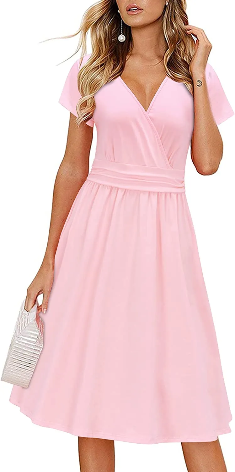 Womens Summer Dress Short Sleeve V Neck Casual Floral Wrap Dress with Pockets