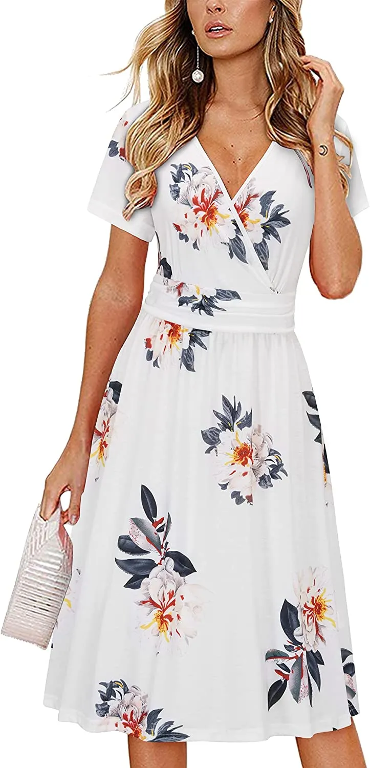 Womens Summer Dress Short Sleeve V Neck Casual Floral Wrap Dress with Pockets