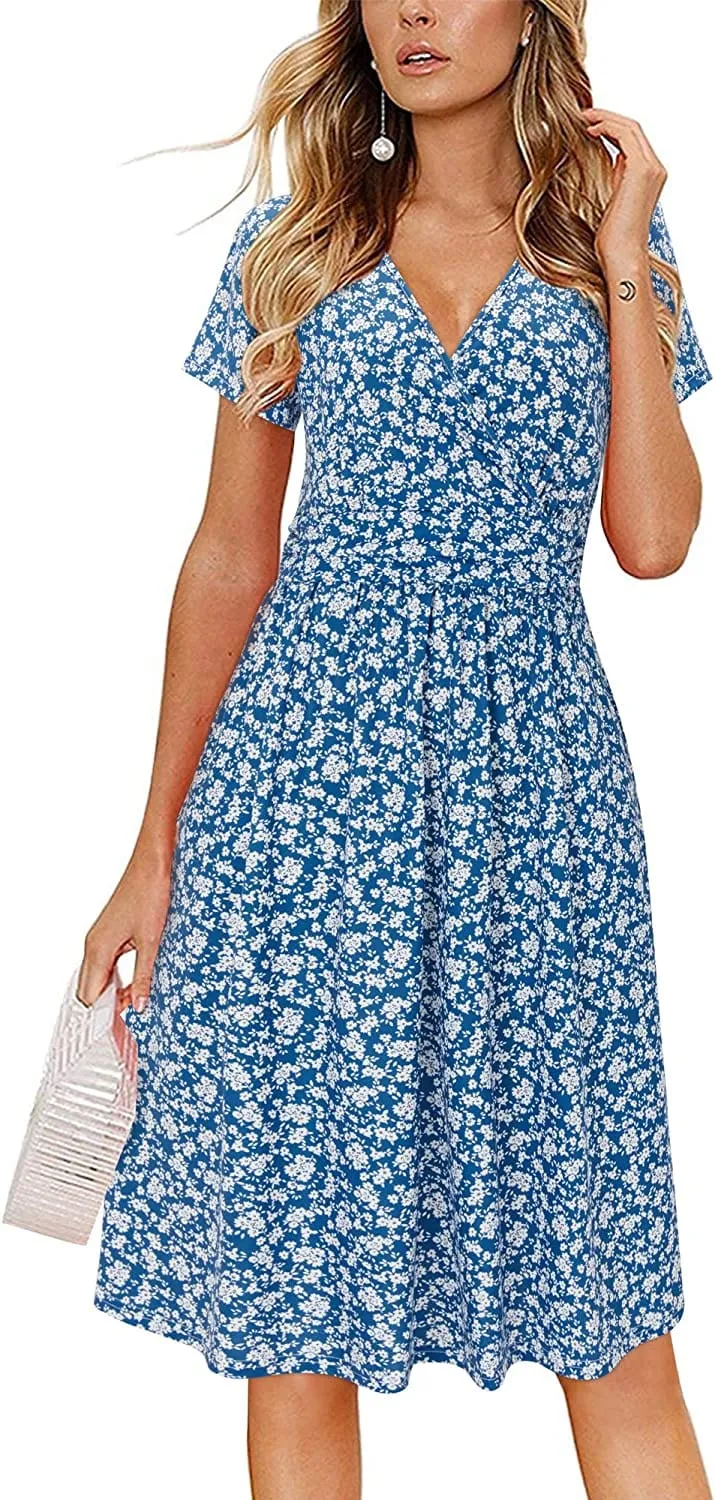 Womens Summer Dress Short Sleeve V Neck Casual Floral Wrap Dress with Pockets