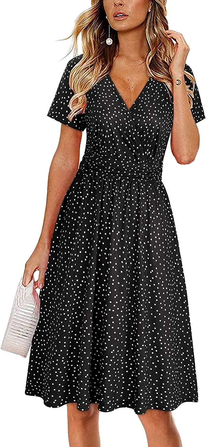 Womens Summer Dress Short Sleeve V Neck Casual Floral Wrap Dress with Pockets
