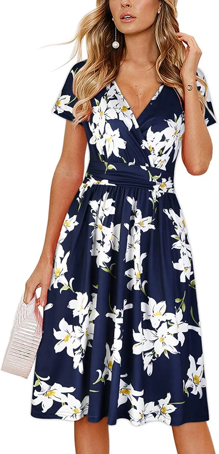 Womens Summer Dress Short Sleeve V Neck Casual Floral Wrap Dress with Pockets