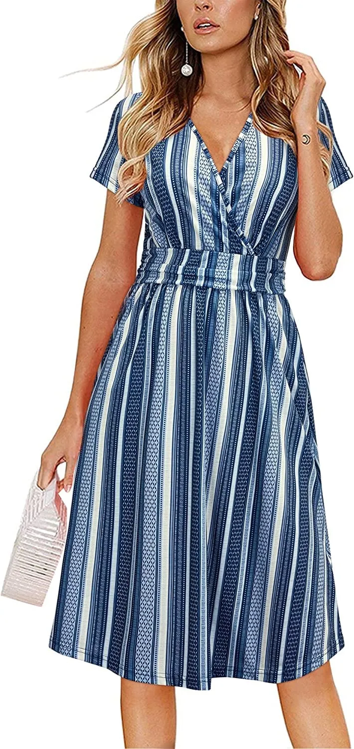 Womens Summer Dress Short Sleeve V Neck Casual Floral Wrap Dress with Pockets