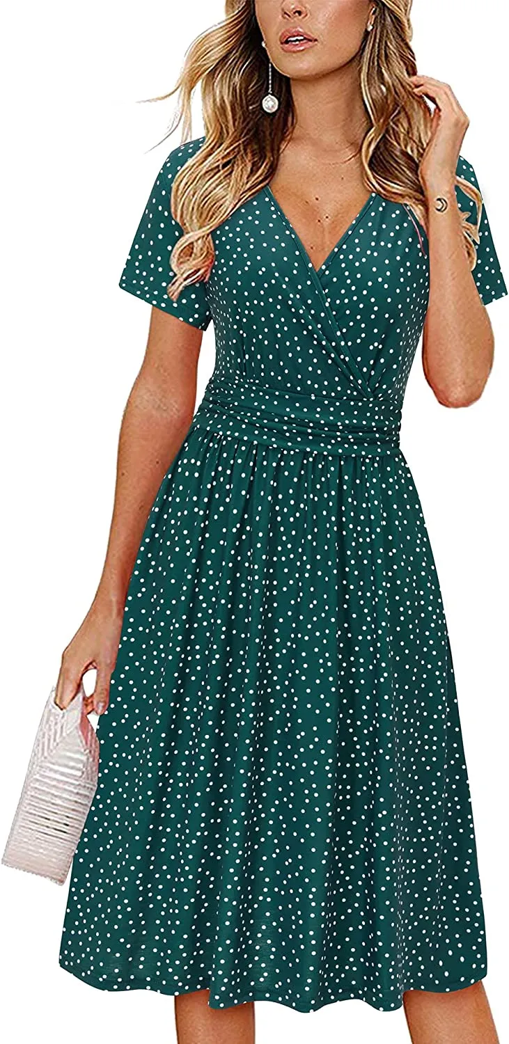 Womens Summer Dress Short Sleeve V Neck Casual Floral Wrap Dress with Pockets