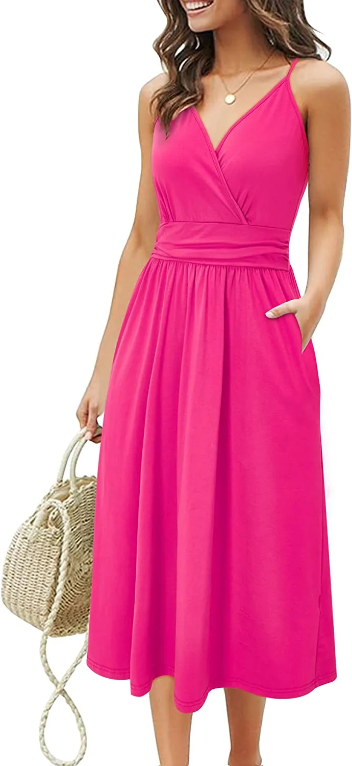 Womens Summer Dress Short Sleeve V Neck Casual Floral Wrap Dress with Pockets