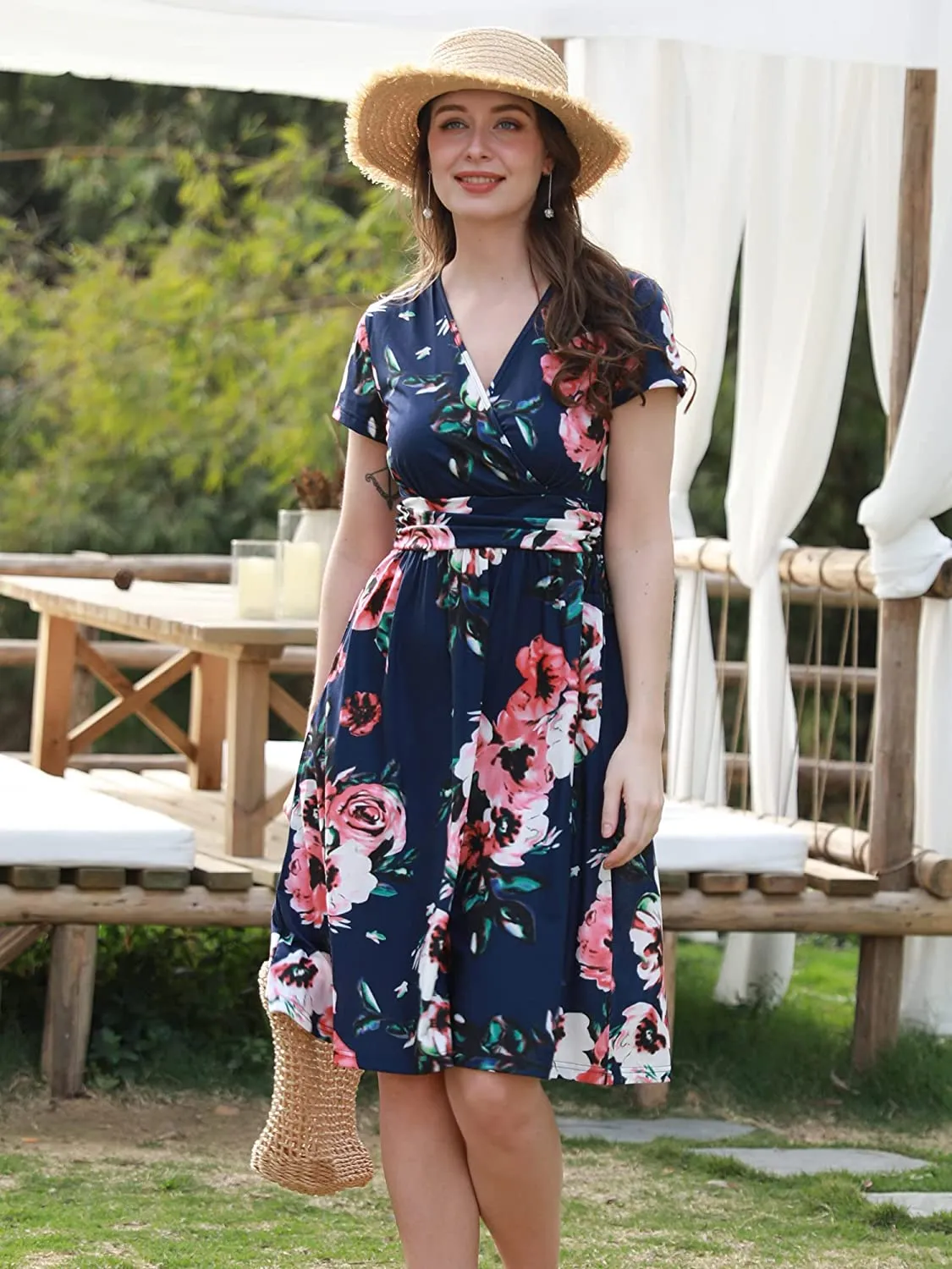 Womens Summer Dress Short Sleeve V Neck Casual Floral Wrap Dress with Pockets