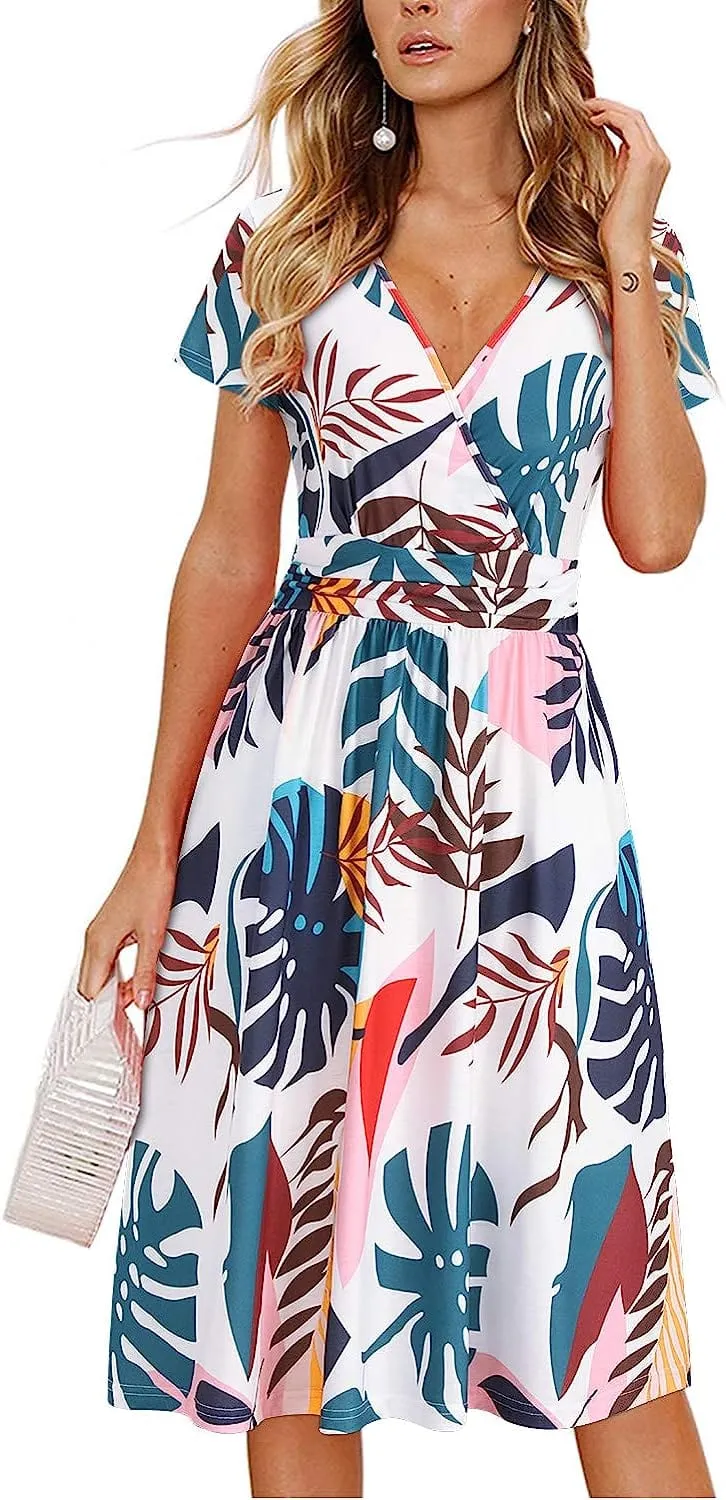 Womens Summer Dress Short Sleeve V Neck Casual Floral Wrap Dress with Pockets