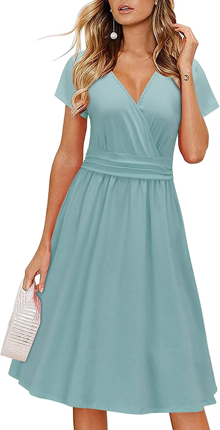 Womens Summer Dress Short Sleeve V Neck Casual Floral Wrap Dress with Pockets