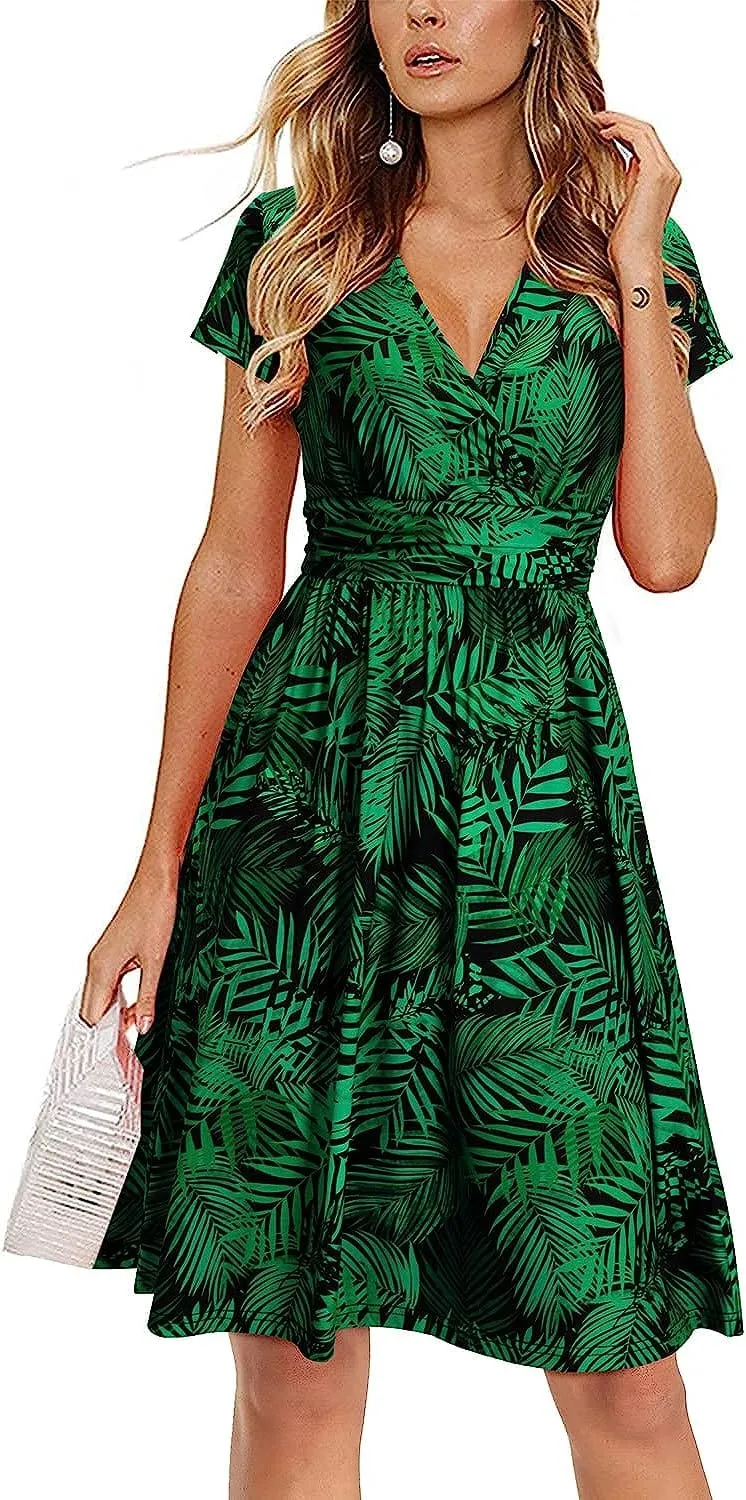 Womens Summer Dress Short Sleeve V Neck Casual Floral Wrap Dress with Pockets