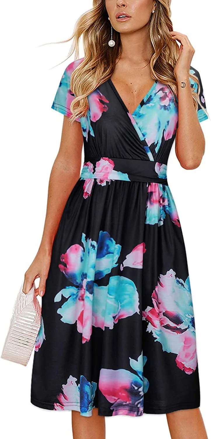 Womens Summer Dress Short Sleeve V Neck Casual Floral Wrap Dress with Pockets