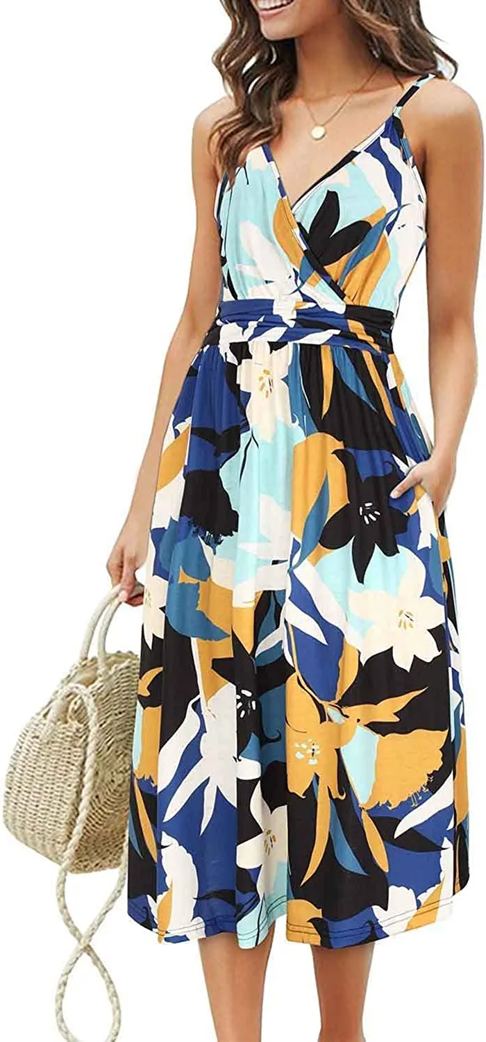 Womens Summer Dress Short Sleeve V Neck Casual Floral Wrap Dress with Pockets
