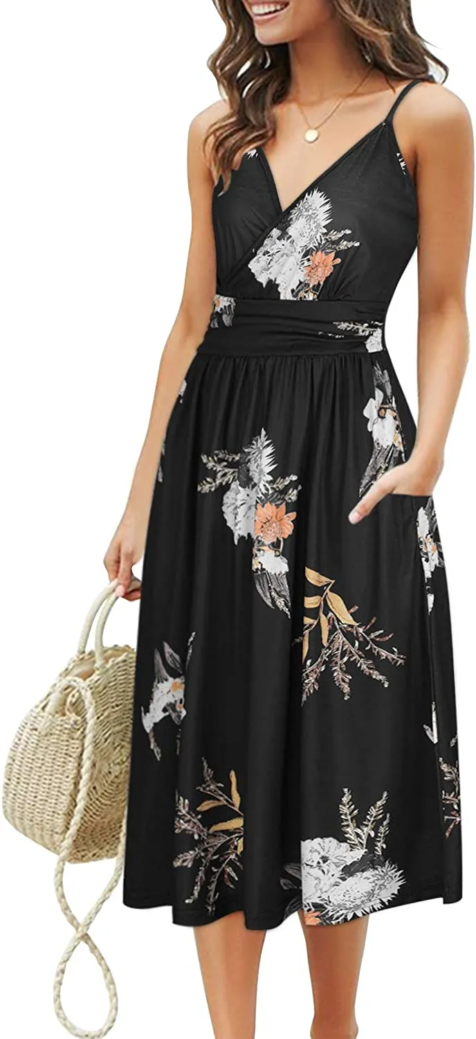 Womens Summer Dress Short Sleeve V Neck Casual Floral Wrap Dress with Pockets