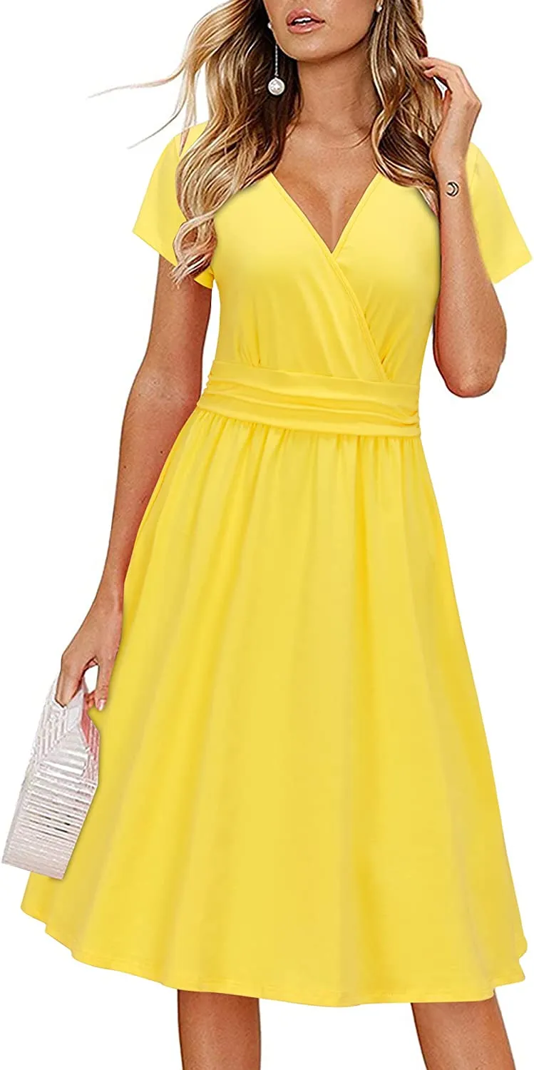 Womens Summer Dress Short Sleeve V Neck Casual Floral Wrap Dress with Pockets